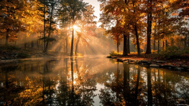 Fall landscape wallpaper showing golden sunbeams filtering through towering maple trees reflecting on a mirror lake.