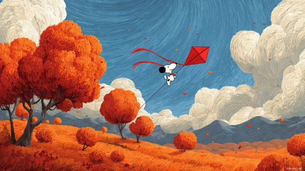 Fall landscape where Snoopy is flying his iconic red kite among swirling leaves and orange trees.