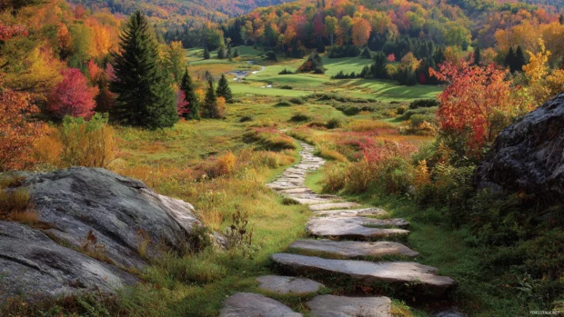 Fall landscape with a charming stone path winding between colorful forests and peaceful open meadows.