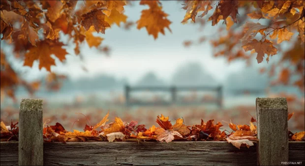 Fall leaves background with rustic wooden fence framing fallen leaves in rich earth tones under foggy sky.