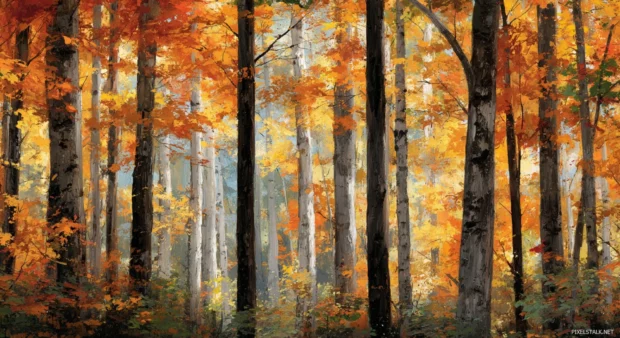 Fall leaves forest wallpaper depicting towering trunks and layered foliage creating depth in vibrant autumn palette.