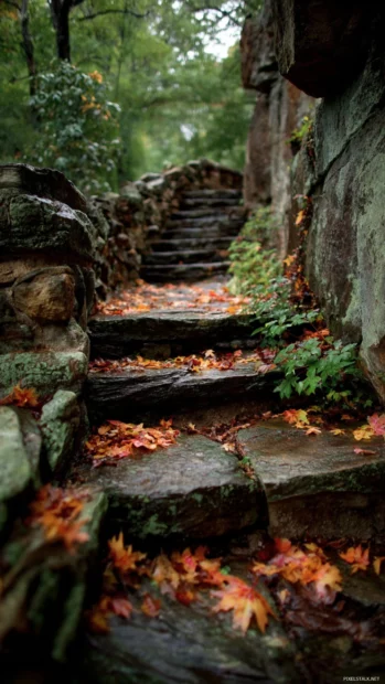 Fall leaves gently covering the steps of an old stone staircase in a tranquil forest.