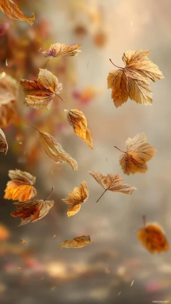 Fall leaves gently floating in the breeze, creating a soft and peaceful autumn scene.