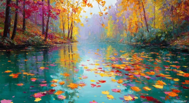 Fall leaves gently floating on a river, with colorful trees lining the peaceful waters edge.