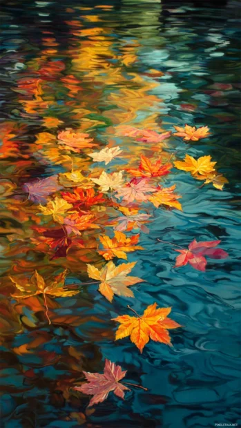 Fall leaves gliding across a quiet lake, their vibrant colors reflected in the still water.
