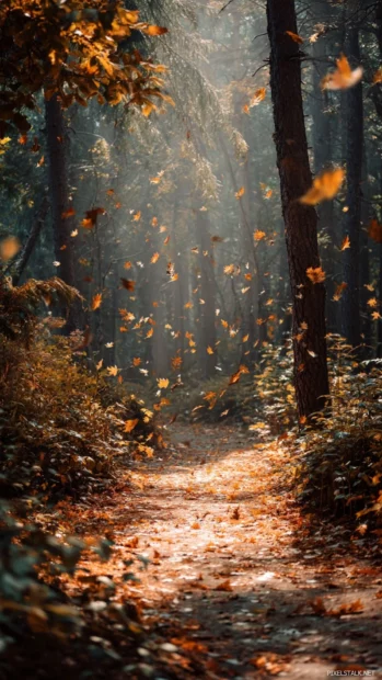 Fall leaves gracefully swirling around a quiet forest path in soft morning sunlight.