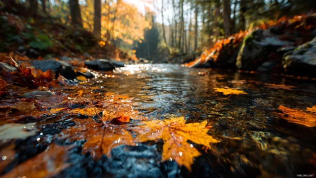 Fall leaves iphone wallpaper scene translated to wide screen with golden leaves drifting across a stream.