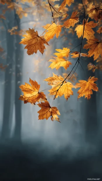 Fall leaves iphone wallpaper with golden maple leaves gently falling across a misty forest backdrop for serene autumn mood.