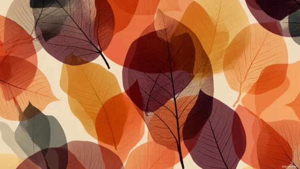Fall leaves pattern wallpaper composed of overlapping leaf silhouettes in warm fall colors on minimal backdrop.