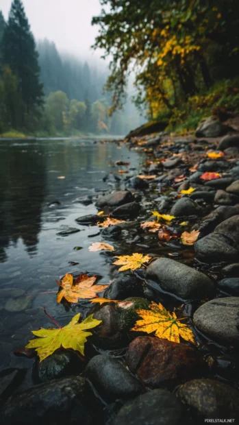 Fall leaves resting on smooth stones along the edge of a peaceful riverbank.