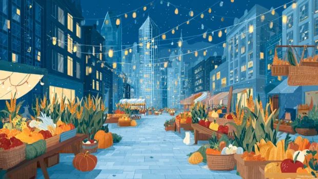 Fall market street filled with Thanksgiving treats, baskets of apples, corn stalks, and glowing lights.