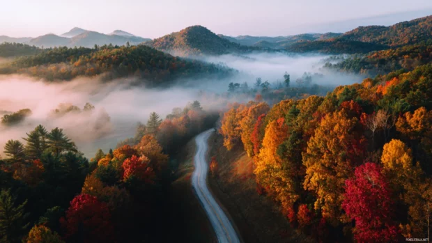 Fall morning with fog drifting over colorful forests and winding country roads, creating a serene Macbook view.