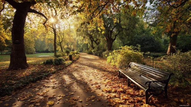 Fall park with benches covered in fallen leaves, soft sunlight casting long shadows, a perfect autumn scene for Macbook screens.