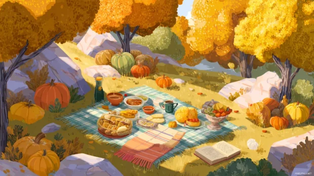 Fall picnic under golden trees with Thanksgiving dishes, pumpkins, and warm blankets.