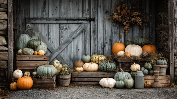 Fall pumpkin background with rustic wooden crates full of assorted pumpkins against barn door backdrop.
