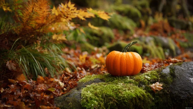 Fall pumpkin desktop wallpaper framing a single bright pumpkin on mossy stone amidst amber leaves.