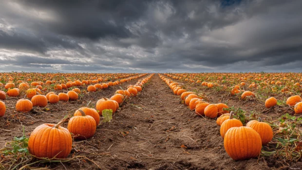Fall pumpkin patch wallpaper illustrating endless rows of plump pumpkins on tilled earth under cloudy sky.