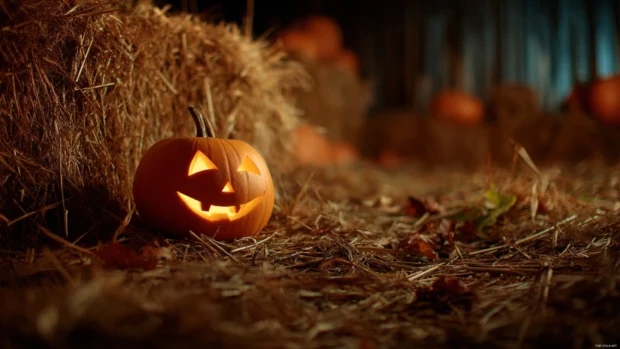Fall pumpkin wallpaper hd capturing close up of carved pumpkin glowing softly inside autumn haystack.