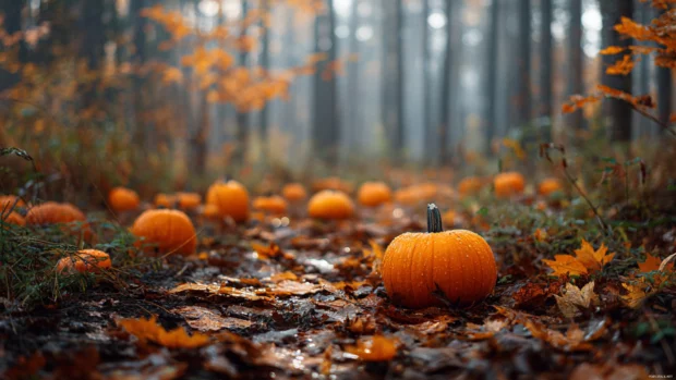 Fall pumpkin wallpapers showing bright orange pumpkins nestled in fallen leaves on forest floor at dawn.