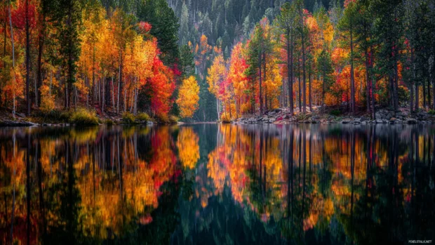 Fall reflections of colorful foliage shimmering on a calm lake surrounded by tall trees.