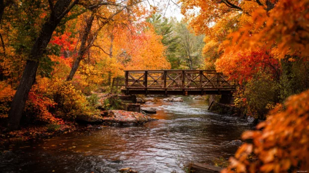 Fall scene with a wooden bridge crossing a river, framed by dense foliage in brilliant autumn hues.