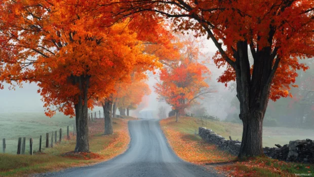 Fall scenery wallpaper capturing a winding country road lined by fiery trees and soft morning mist.