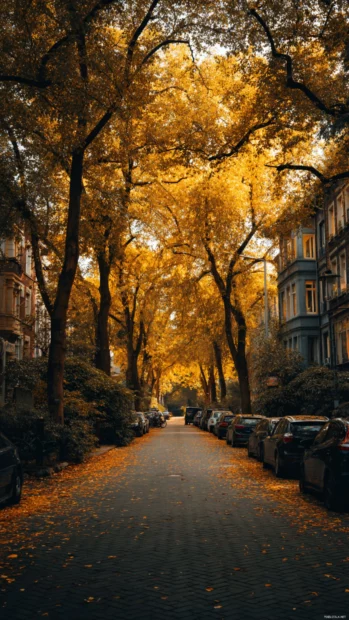 Fall street view captured in portrait mode with tall trees shedding golden leaves and creating a soft seasonal atmosphere.