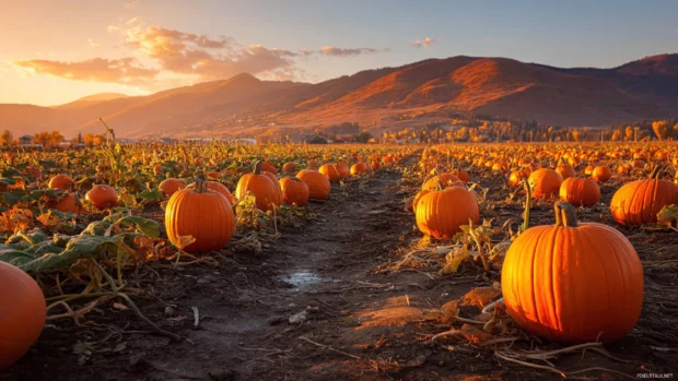 Fall sunset casting long shadows over a pumpkin patch, with a soft orange glow filling the sky.