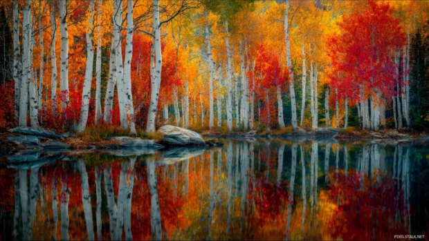 Fall trees PC background illustrating dense birch grove with colorful foliage mirrored in calm reflective pond.