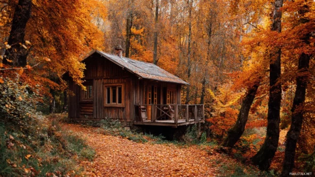 Fall trees surrounding a cozy wooden cabin, creating a warm and inviting autumn retreat.
