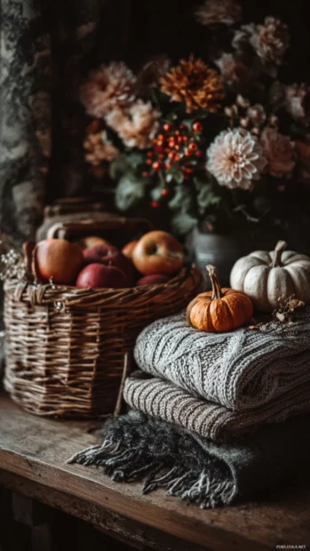 Fall vibes beautifully arranged with a basket of apples, pumpkins and cozy knitted scarves on a wooden table.