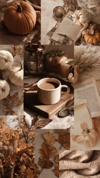 Fall vibes collage wallpaper showing mosaic of cozy autumn elements like pumpkins leaves books.
