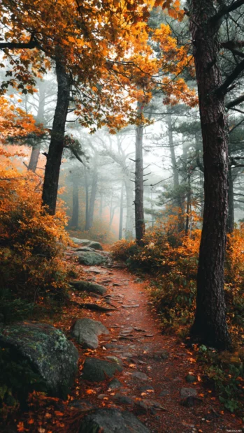 Fall vibes desktop wallpaper iPhone layout featuring foggy forest trail adorned with amber hues.
