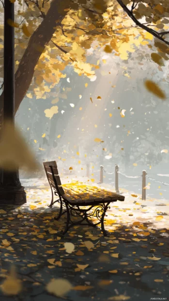 Fall vibes illustrated through a dreamy park bench covered in golden leaves under gentle morning light.