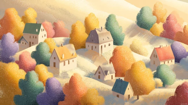 Fall vibes in a cozy countryside scene with warm sunlight shining through colorful trees, soft pastel illustration.