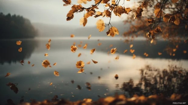 Fall vibes wallpaper featuring golden leaves drifting over misty lake at dawn, warm autumn tones.