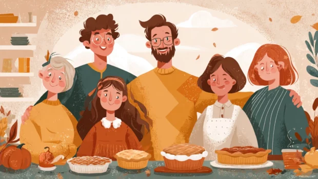Family Thanksgiving wallpaper showing cheerful family gathered around a table laden with pies and autumn decor.
