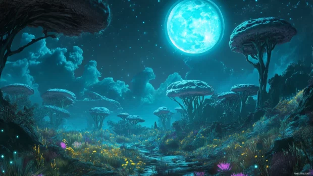 Fantastical alien landscape under a glowing moon 2560x1440 wallpaper blending nature and space.
