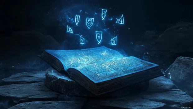 Fantasy book wallpaper where glowing runes float above an open magical book on a stone pedestal.