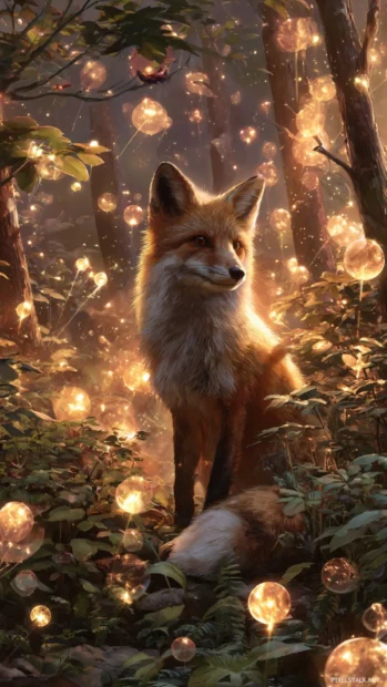 Fantasy iPhone wallpaper of a Fox surrounded by glowing forest spirits, light orbs floating in the air, mystical ambiance.