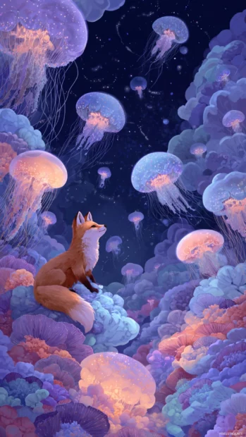 Fantasy setting of a Cute Fox surrounded by floating jellyfish in the sky, surreal dreamscape, vibrant and soft.