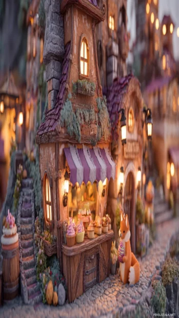 Fantasy village where a Cute Fox baker offers tiny cupcakes, whimsical houses, warm lights, rich storybook setting.