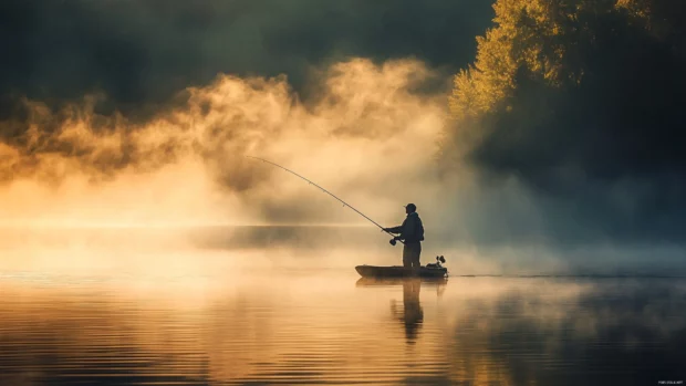 Fishing at dawn with mist rising from the lake and soft sunlight reflecting off the water.