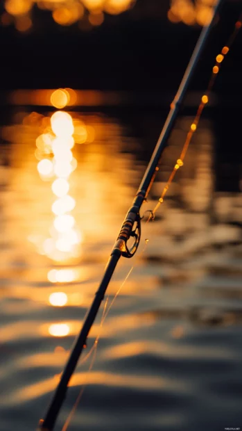 Fishing at sunset wallpaper iPhone design with golden light reflecting off the water as the rod bends.