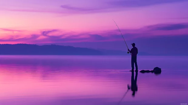 Fishing at twilight with soft purple skies and smooth water.