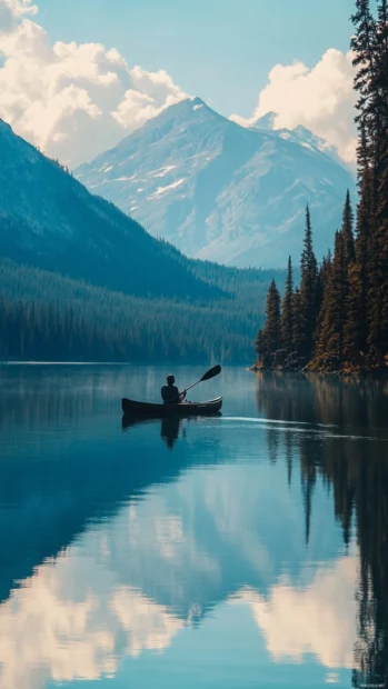 Fishing by canoe in calm lake, surrounded by serene mountain backdrop.