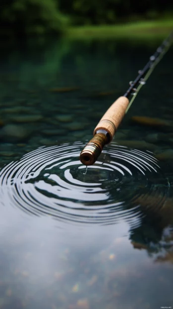 Fishing essence portrayed with fly rod and gentle ripple on river surface.