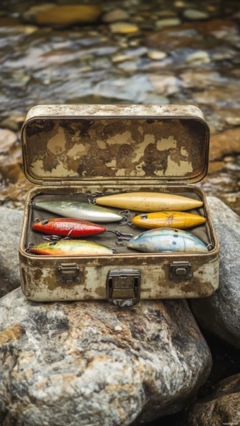 Fishing focus on tackle box and lures beside river stones, earthy colors.