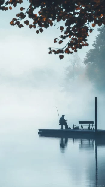 Fishing from a dock on a foggy morning, soft colors and calming atmosphere.