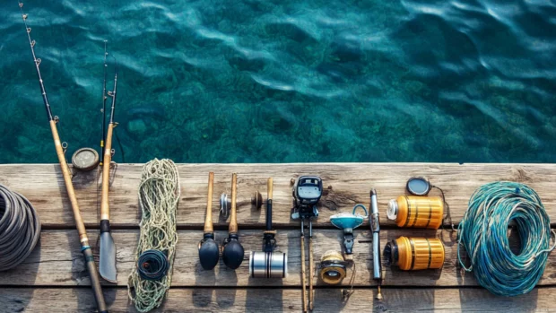 Fishing gear arranged neatly on a rustic wooden pier with the water in the background.